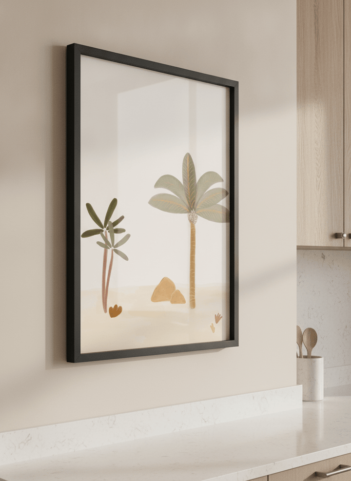Artwork styled on the wall of a bright modern kitchen