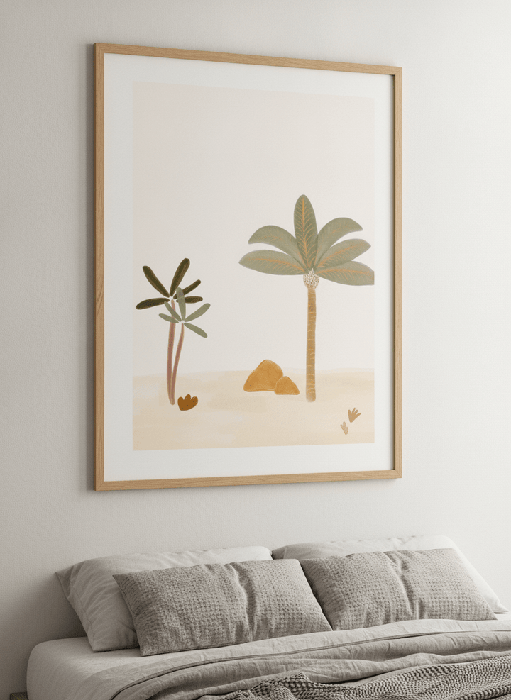 Minimalist artwork displayed in a calm, light-filled bedroom interior