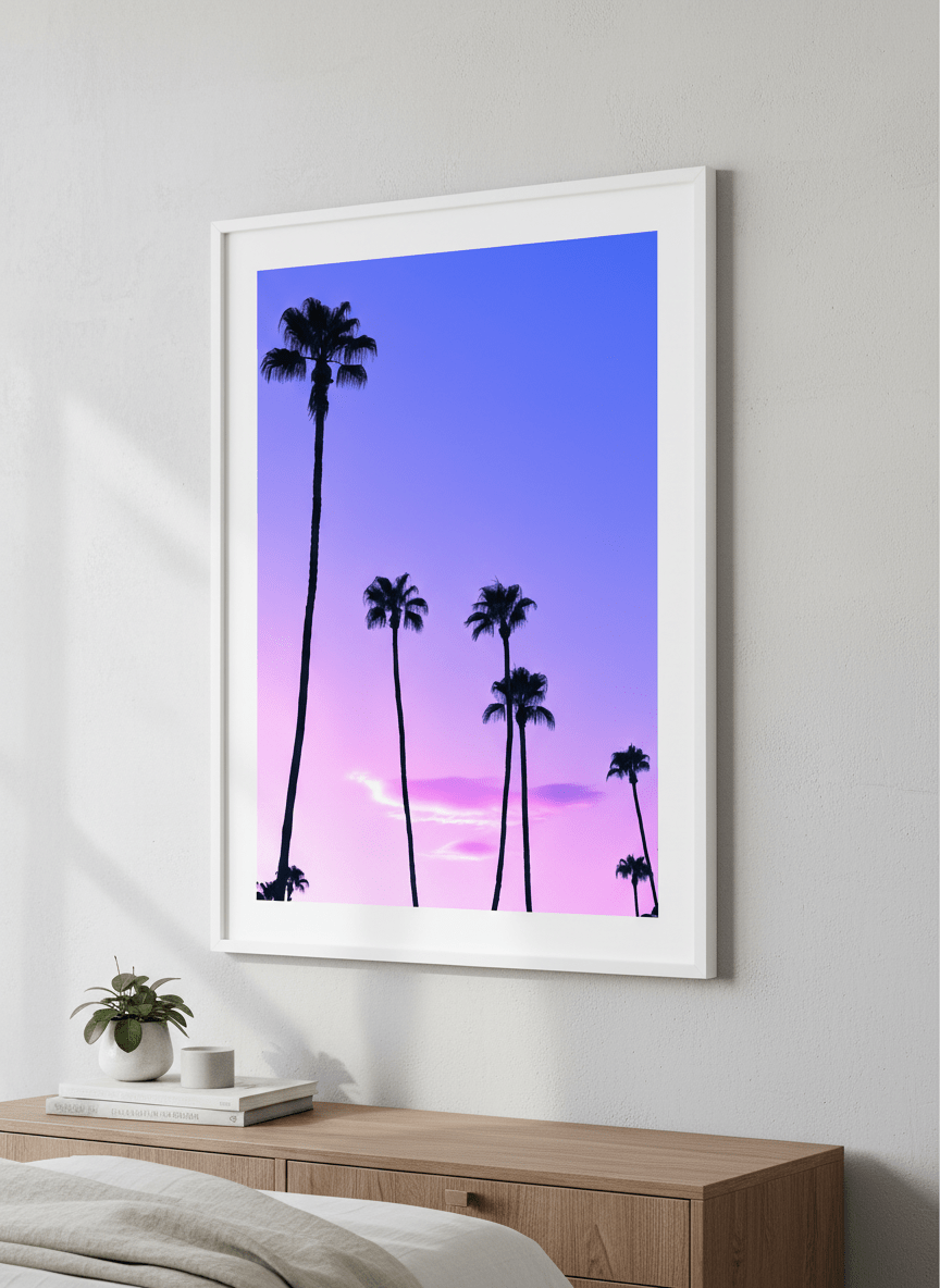 Minimalist artwork displayed in a calm, light-filled bedroom interior