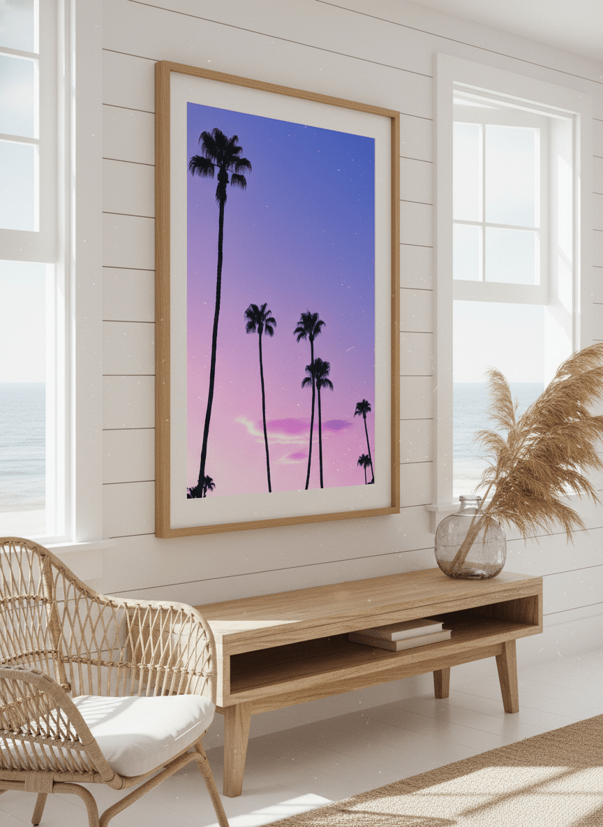 Neutral wall art displayed in a sunny coastal beach house