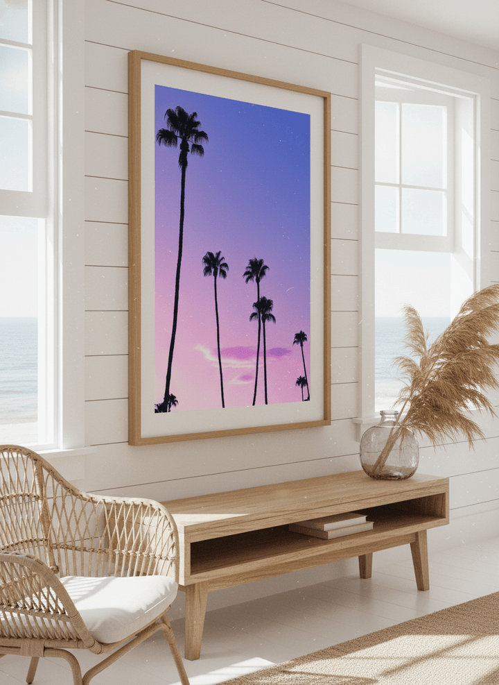 Neutral wall art displayed in a sunny coastal beach house
