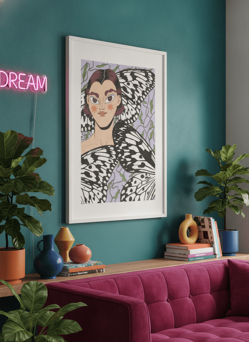 Bold wall art styled in a colourful, eclectic modern home