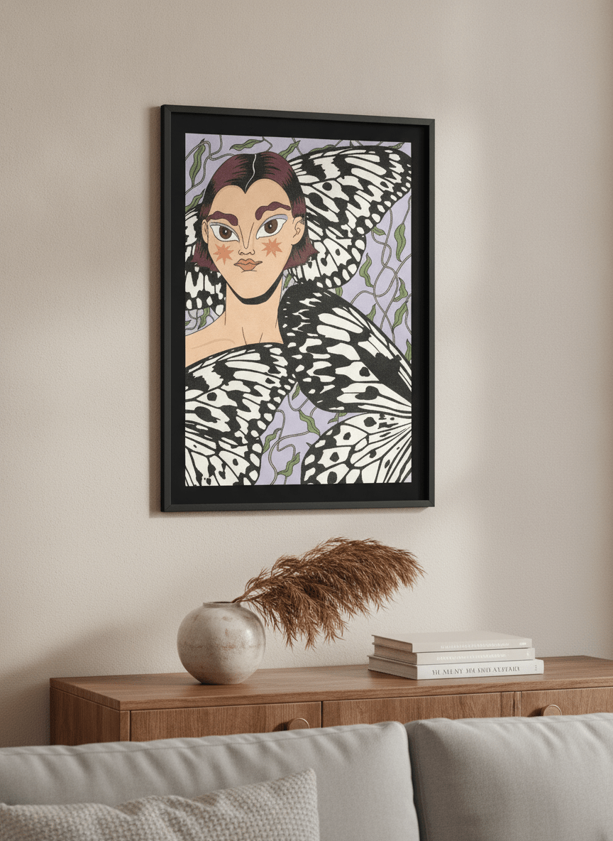 Modern wall art styled above a sofa in a neutral living room