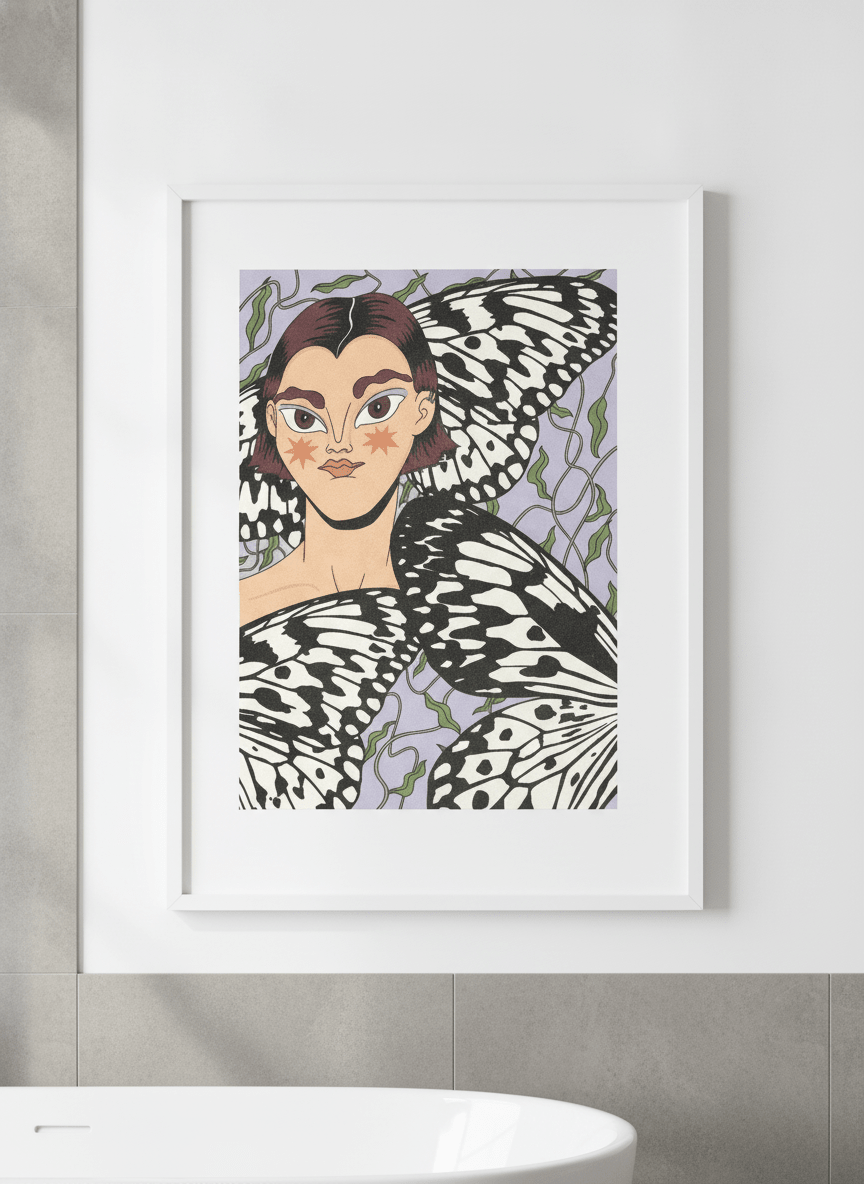 Modern print displayed in a clean minimalist bathroom setting