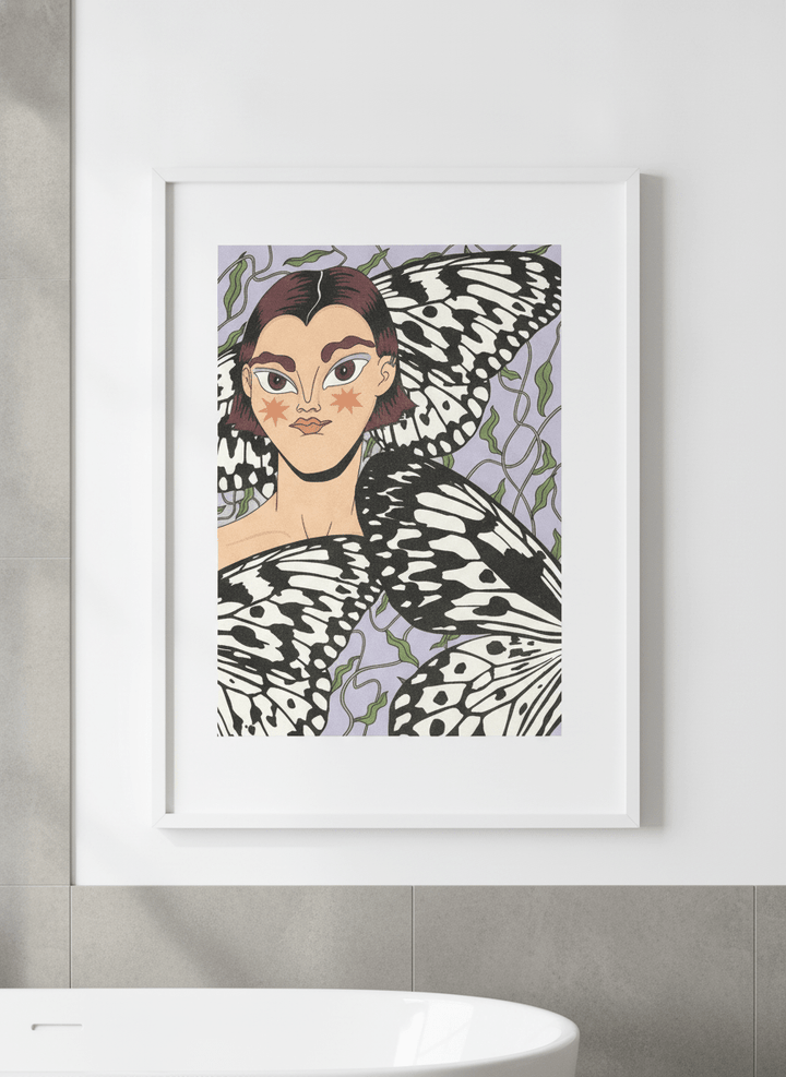 Modern print displayed in a clean minimalist bathroom setting