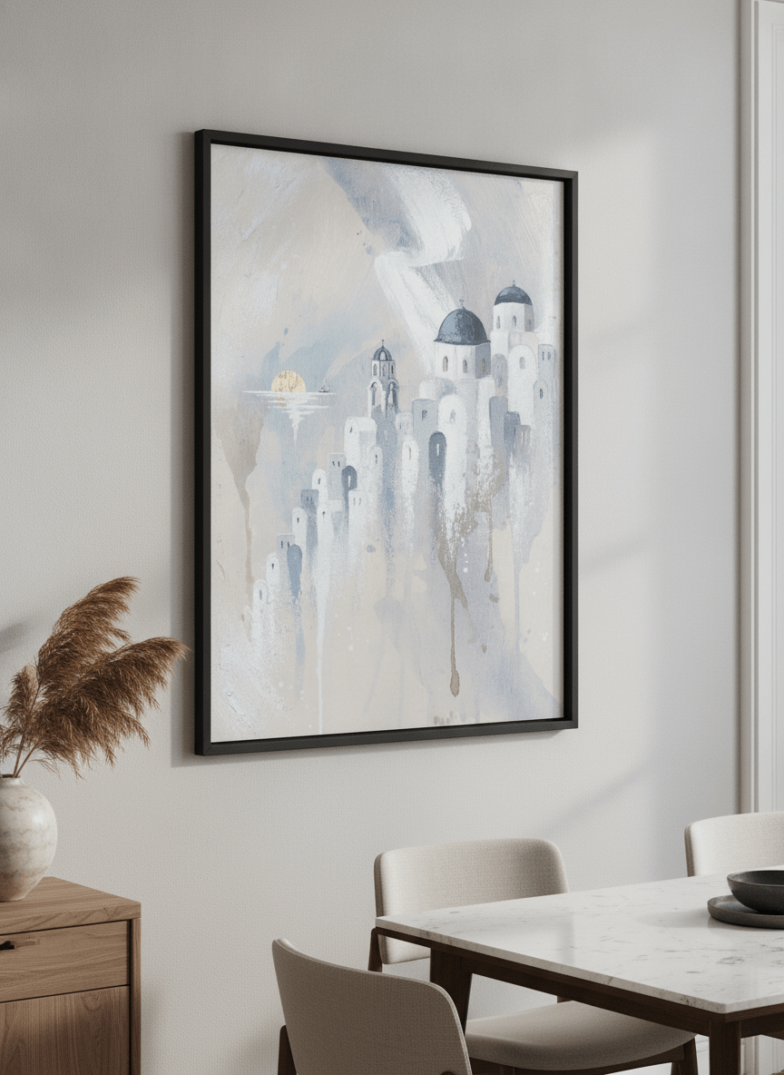 Wall art styled above a dining table in a contemporary home