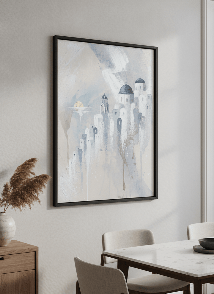 Wall art styled above a dining table in a contemporary home