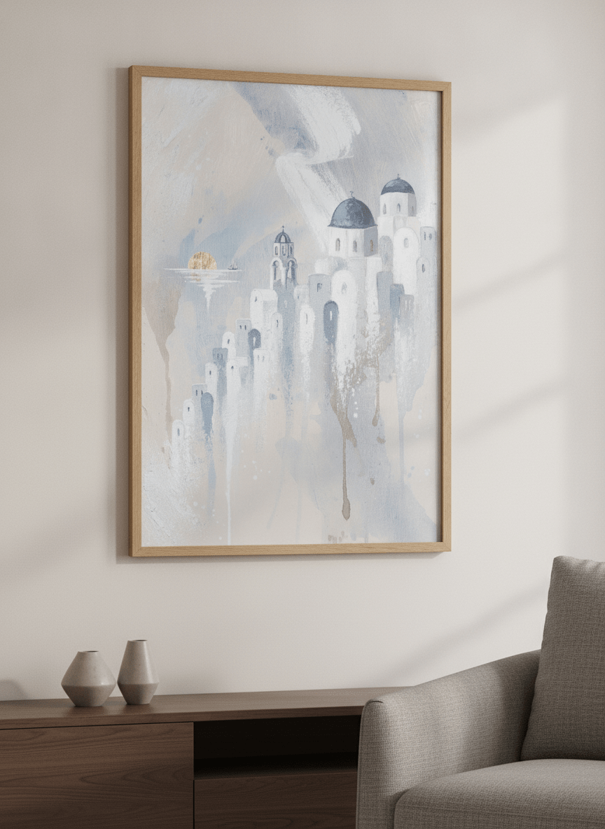Modern wall art styled above a sofa in a neutral living room