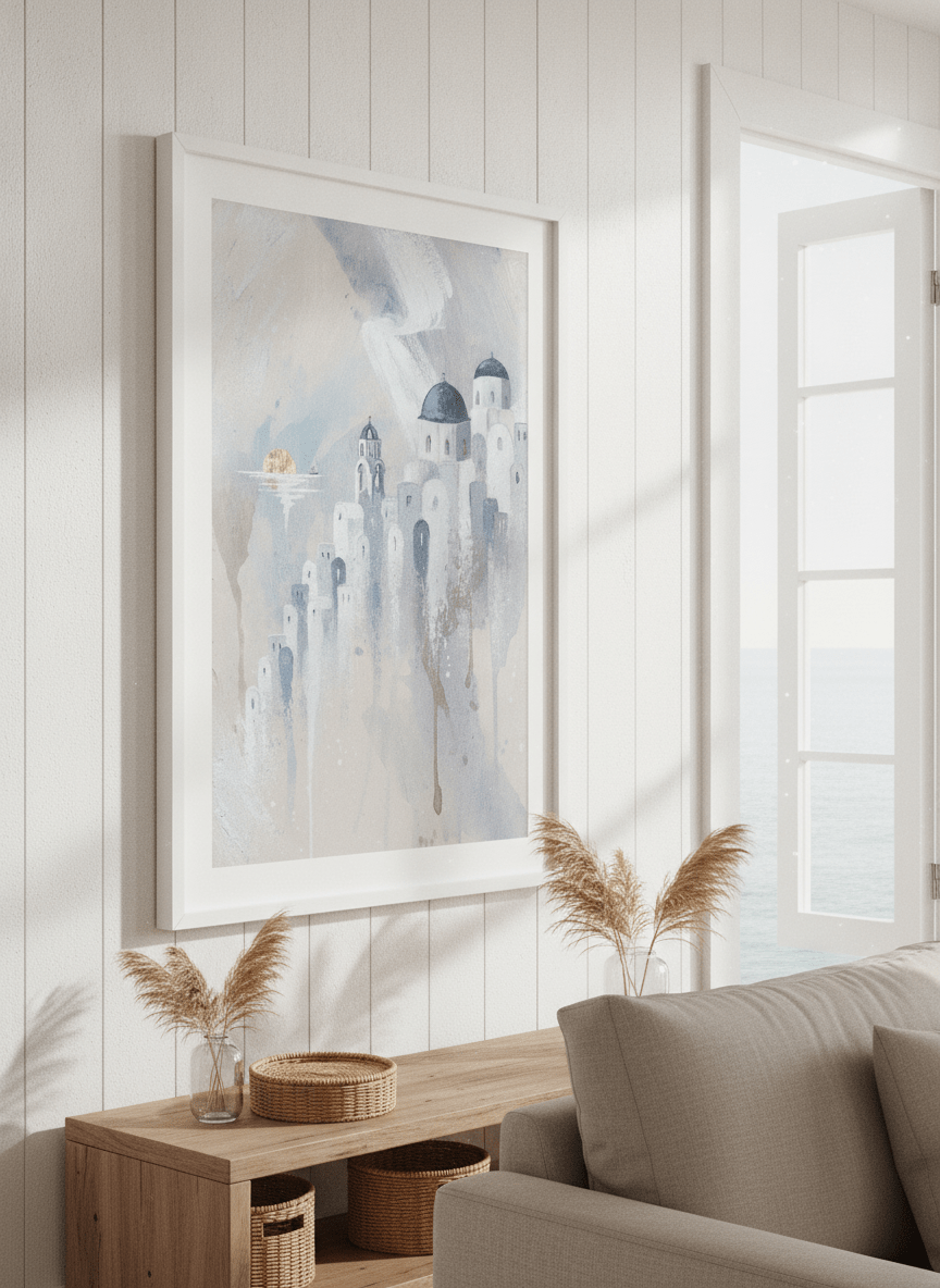 Neutral wall art displayed in a sunny coastal beach house