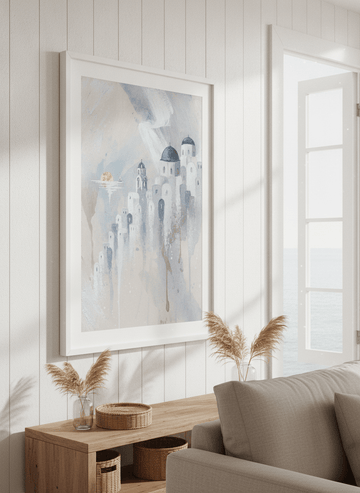 Neutral wall art displayed in a sunny coastal beach house