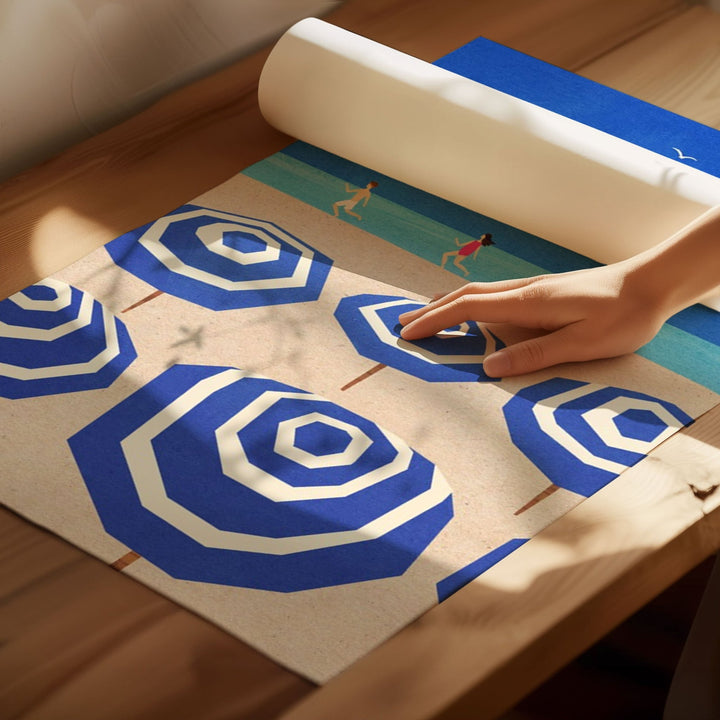 blue and white parasol artwork unboxing on wooden floor