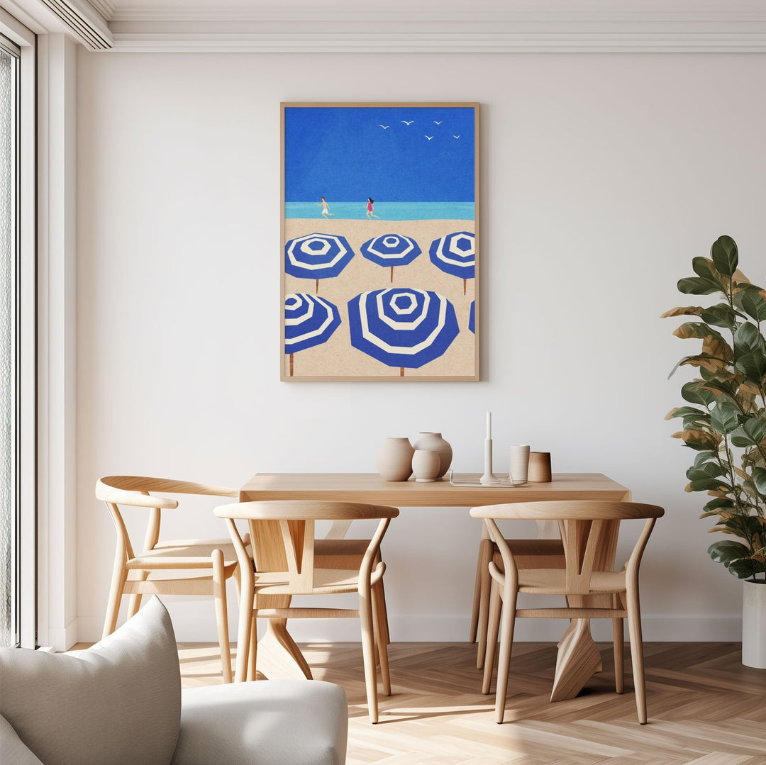blue and white parasol artwork hanged on dining room wall