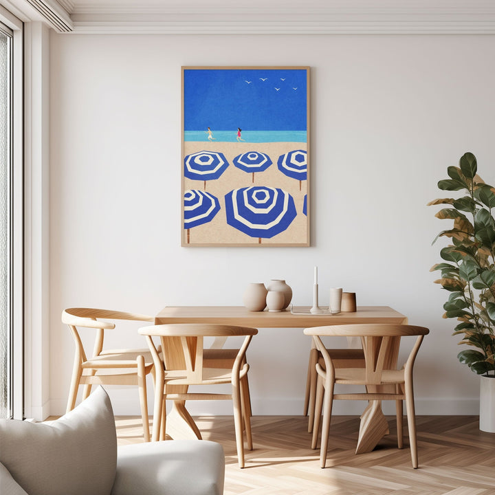 blue and white parasol artwork hanged on dining room wall