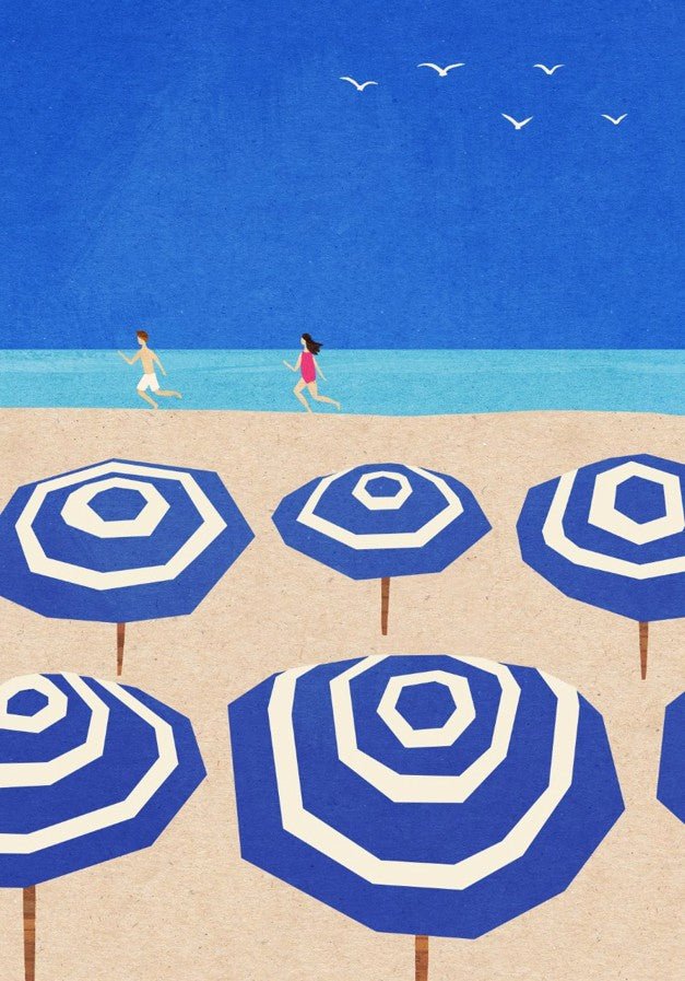 A beach poster by Henry Rivers, rendered in a textured, digital collage style, shows a sandy beach with six large, geometrically patterned blue and white striped parasols dominating the foreground. In the background, two small figures—a man in white trunks and a woman in a pink swimsuit—are running along the water's edge below a solid blue sky where five white seagulls fly. framed