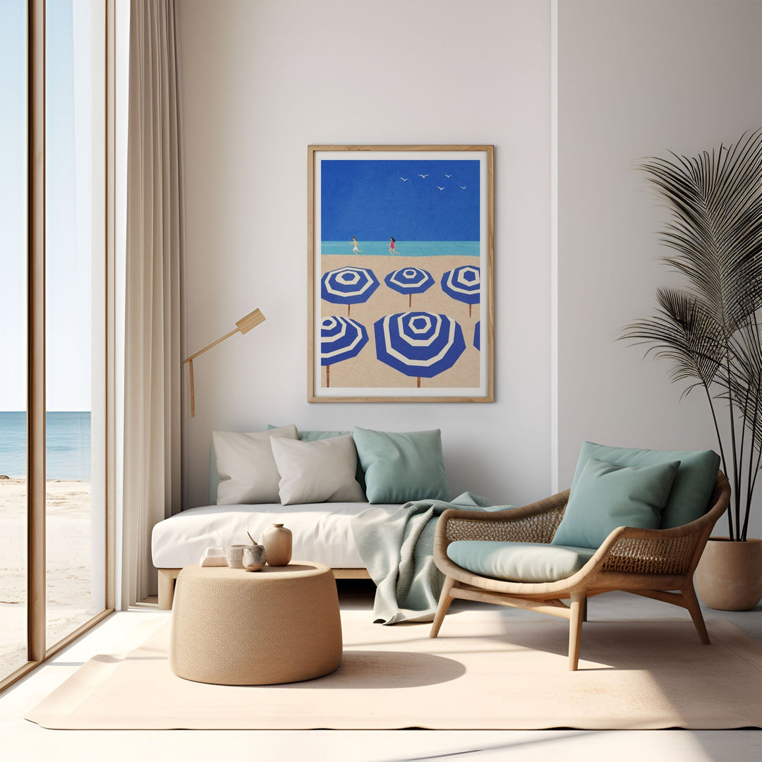 blue and white parasols on a coastal nook