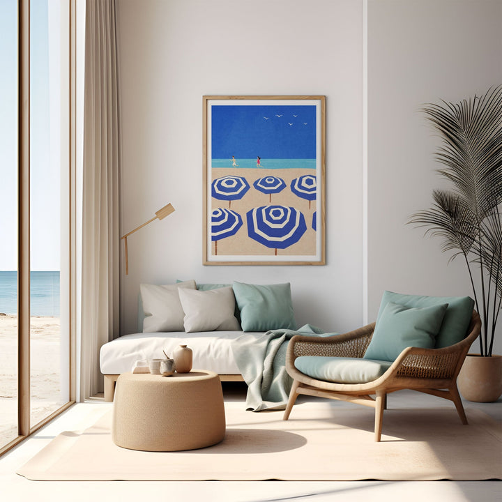 blue and white parasols on a coastal nook