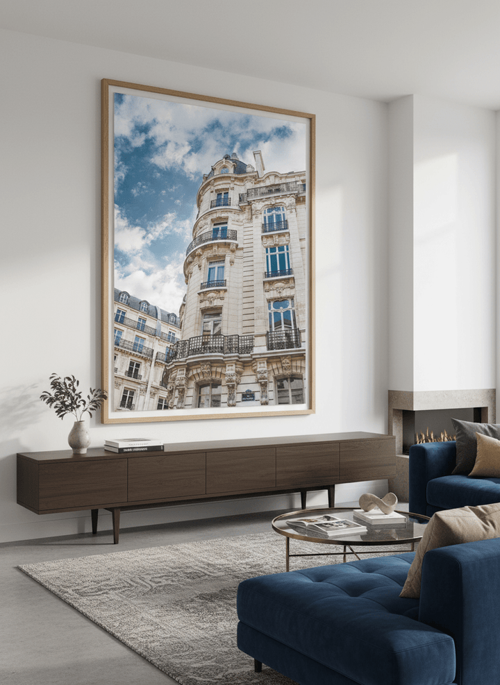 Monumental artwork centred on a feature wall in a luxe interior