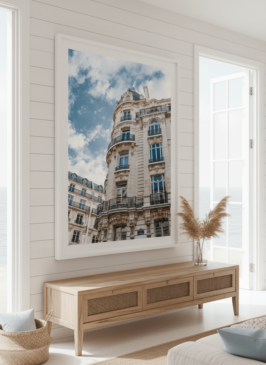 Neutral wall art displayed in a sunny coastal beach house