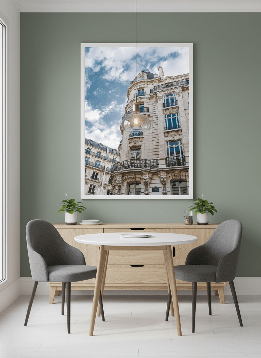 Wall art styled above a dining table in a contemporary home