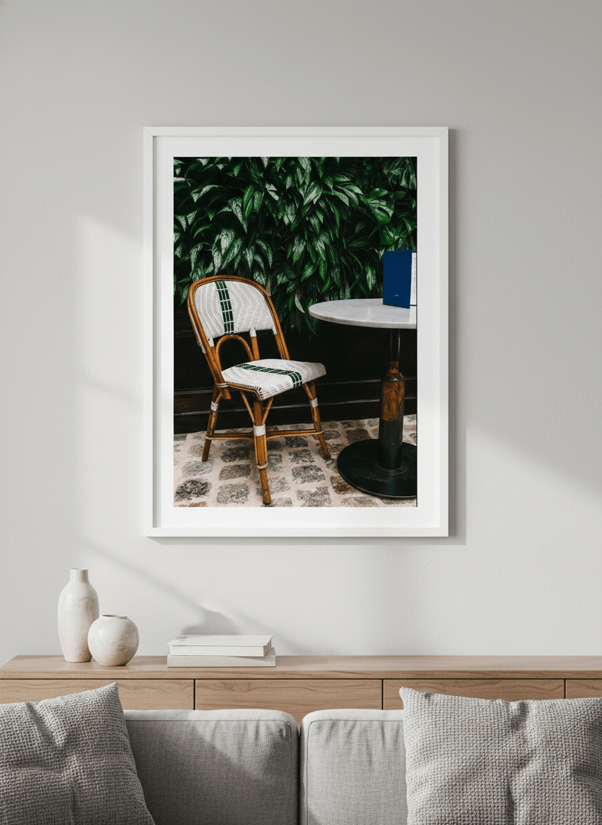 Modern wall art styled above a sofa in a neutral living room