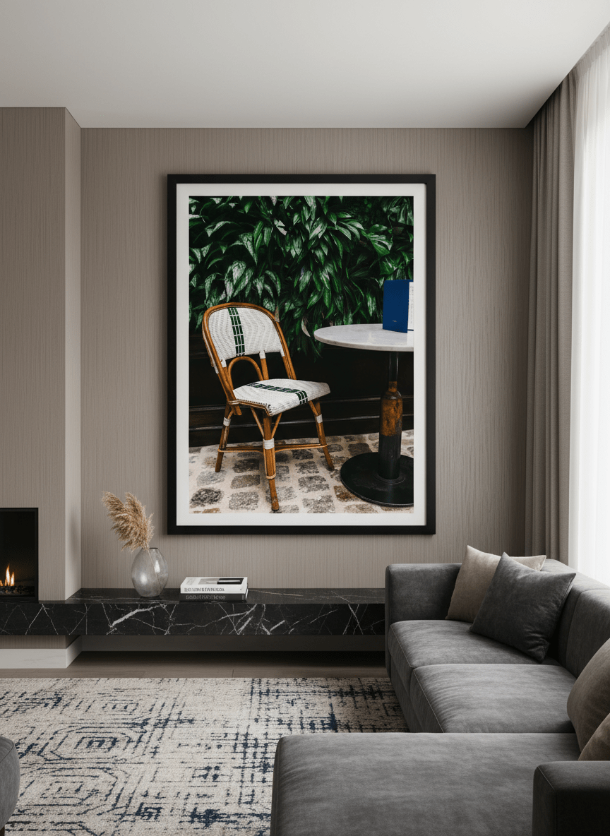 Monumental artwork centred on a feature wall in a luxe interior