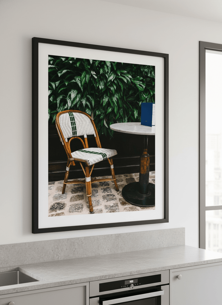 Artwork styled on the wall of a bright modern kitchen