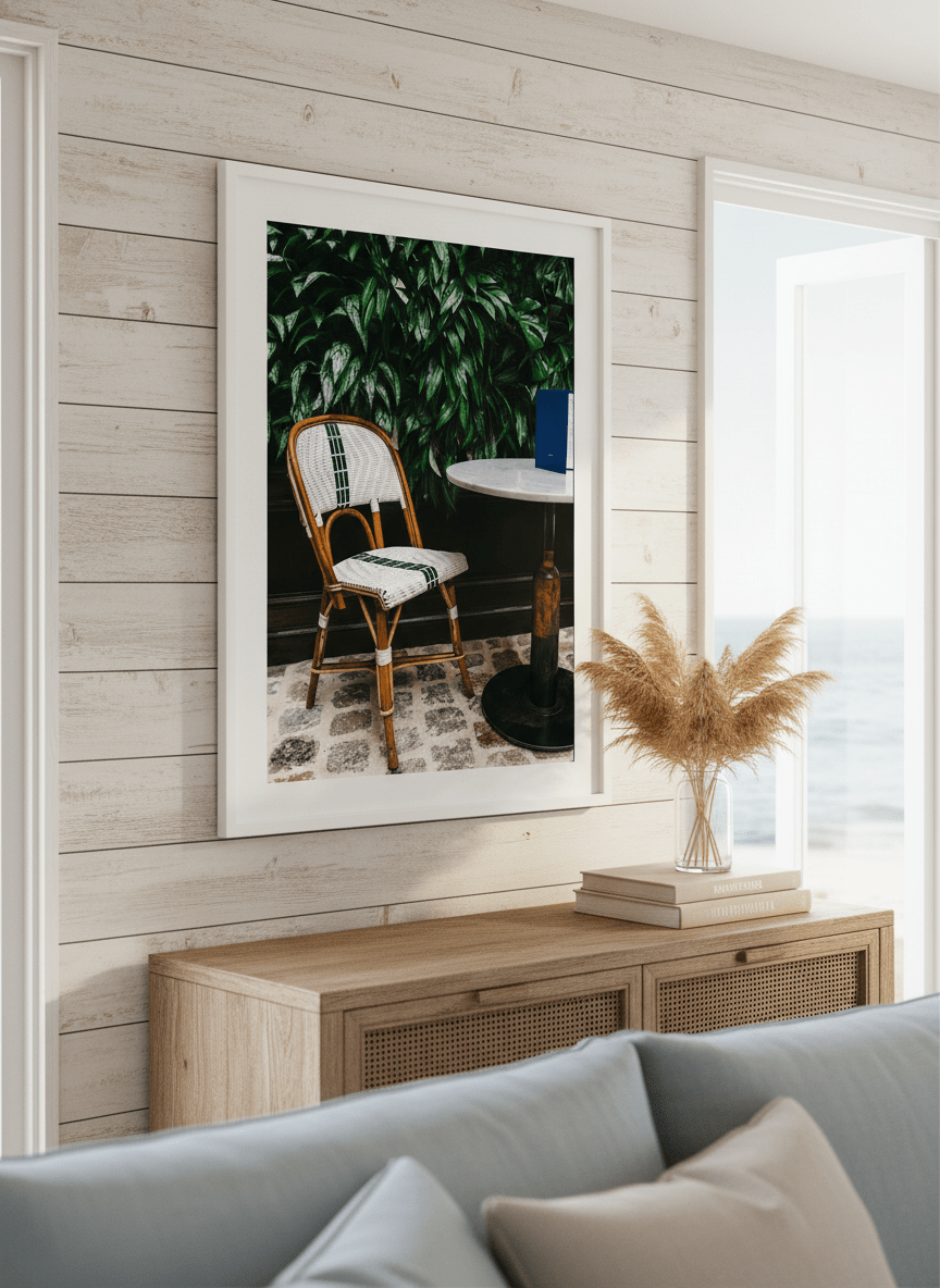 Neutral wall art displayed in a sunny coastal beach house