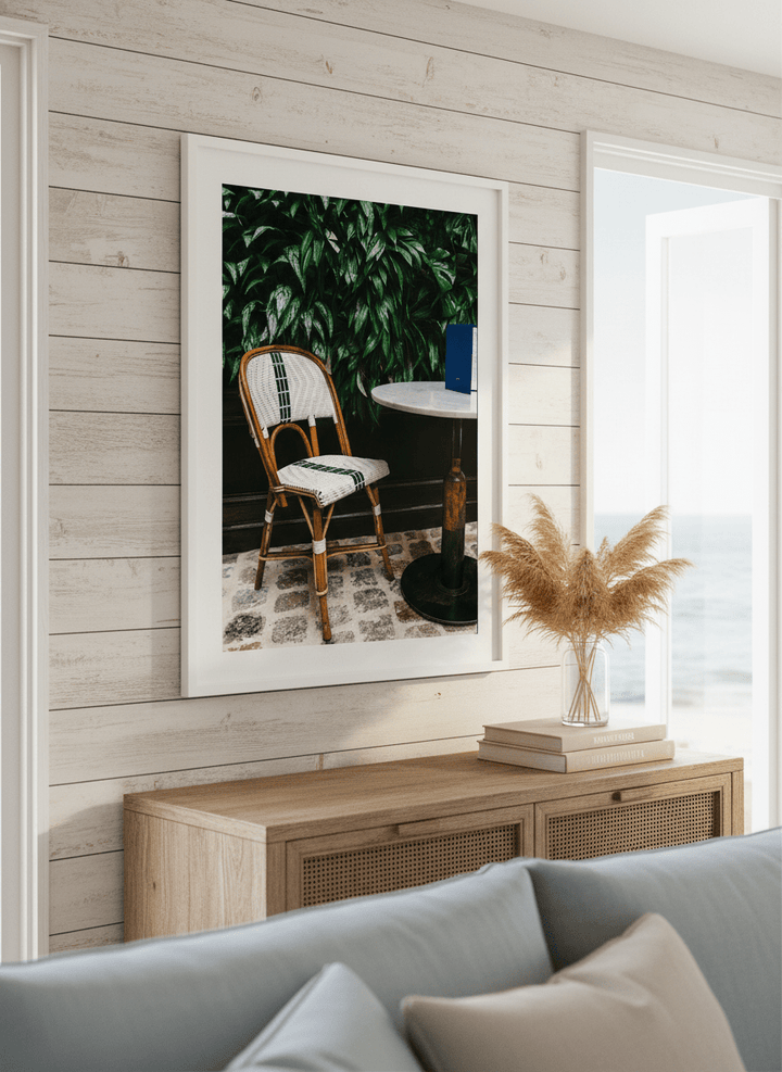 Neutral wall art displayed in a sunny coastal beach house