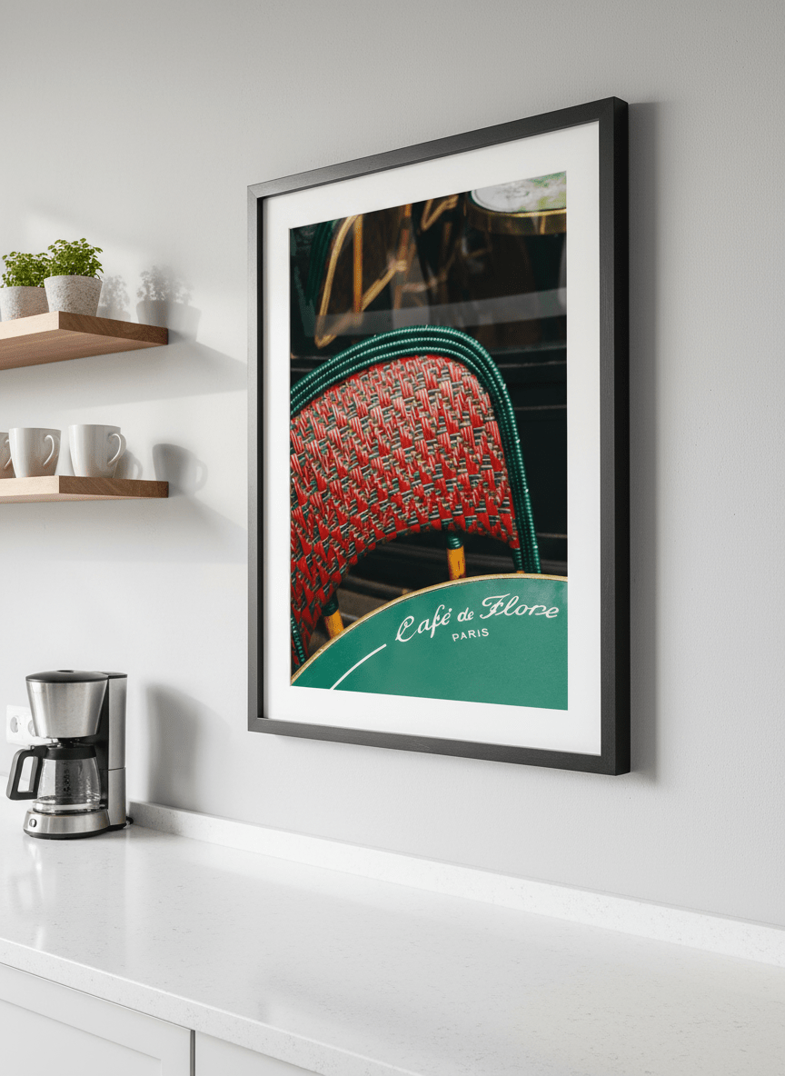 Artwork styled on the wall of a bright modern kitchen