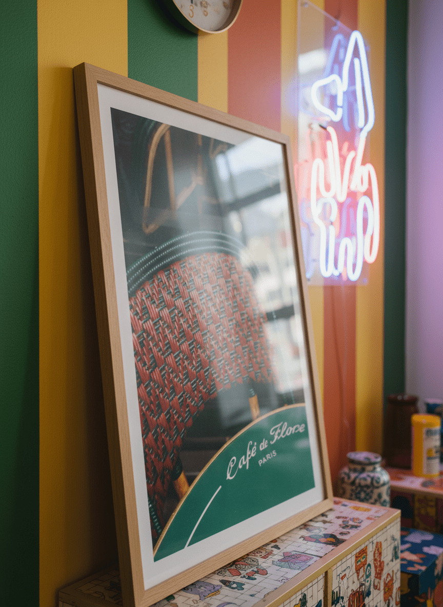 Bold wall art styled in a colourful, eclectic modern home
