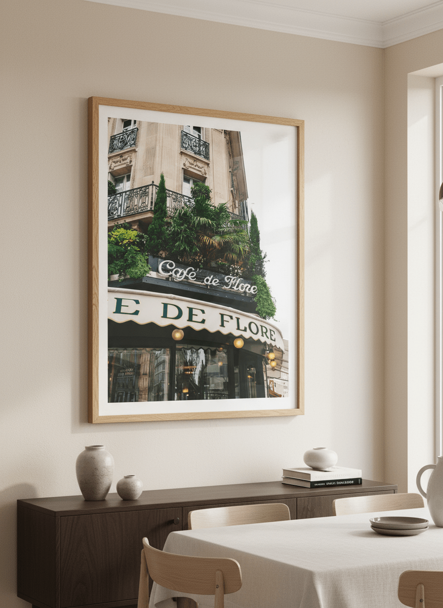 Wall art styled above a dining table in a contemporary home