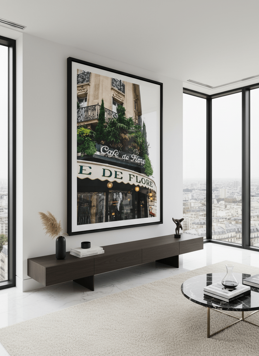 Monumental artwork centred on a feature wall in a luxe interior