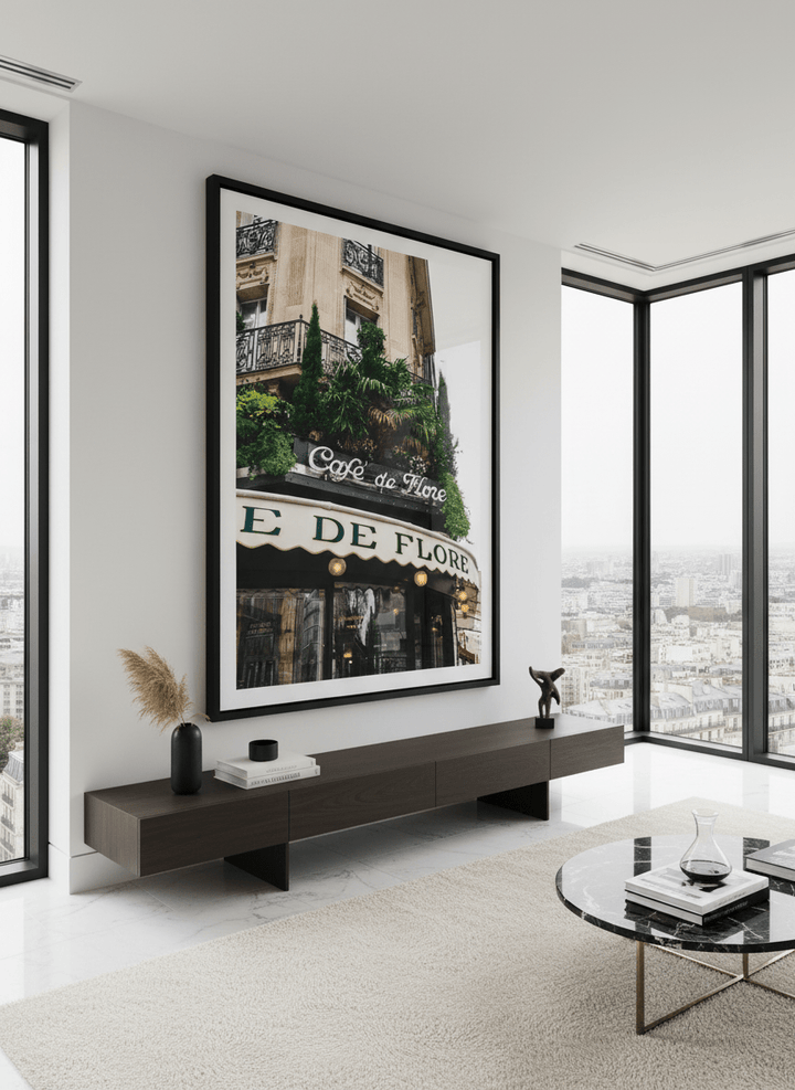 Monumental artwork centred on a feature wall in a luxe interior