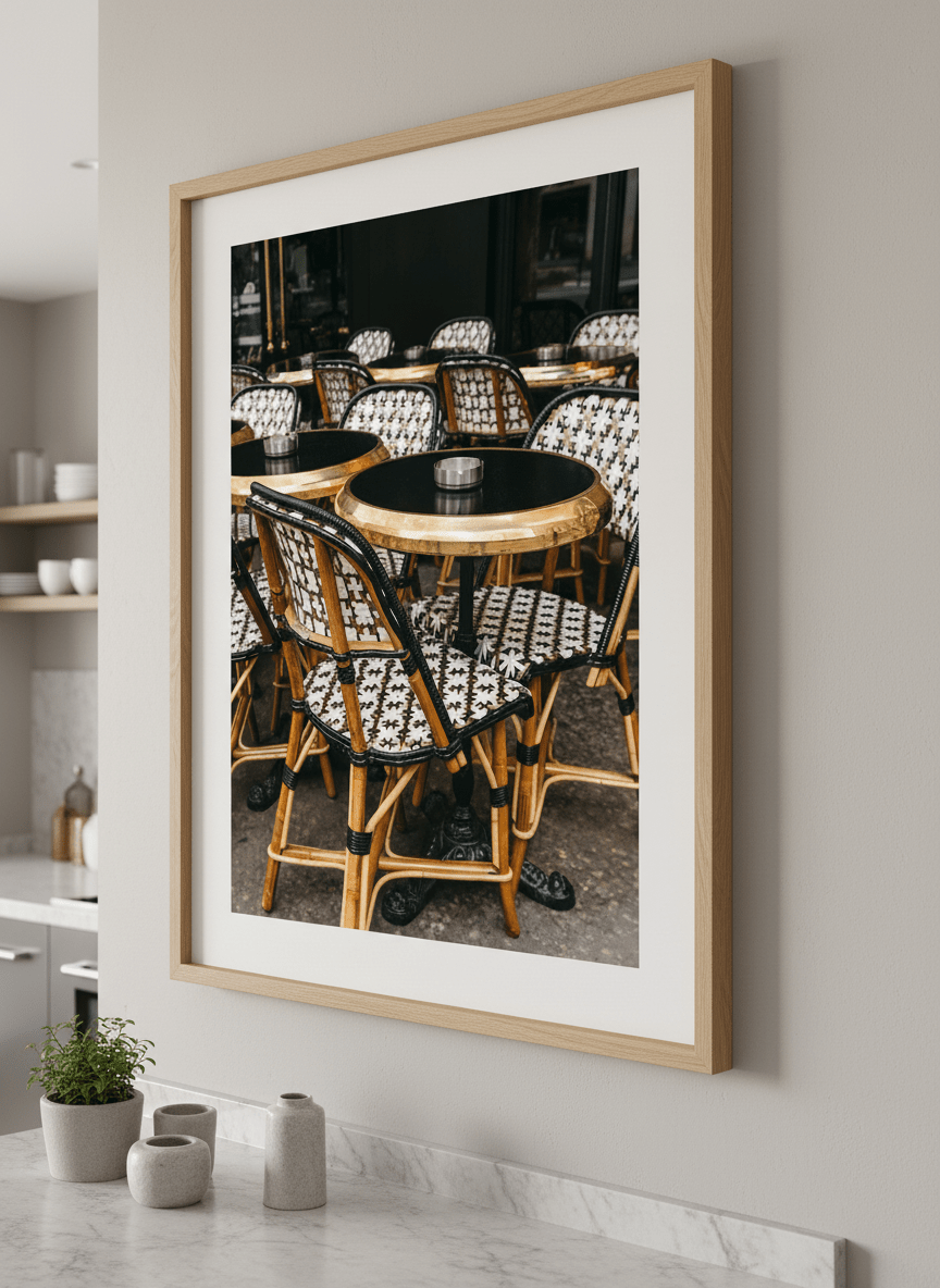 Artwork styled on the wall of a bright modern kitchen
