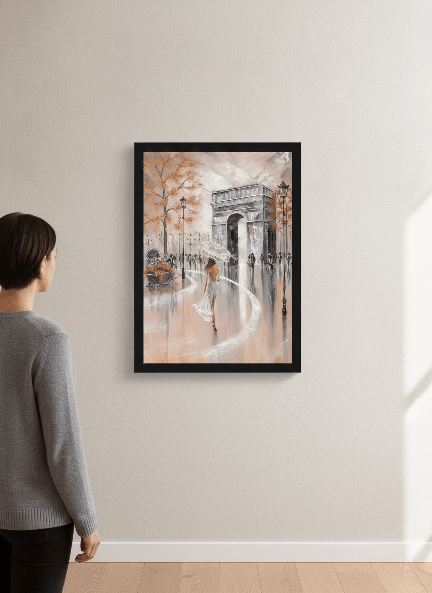 Person showcasing the artwork against a clean modern interior wall