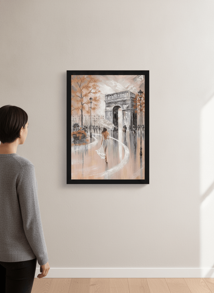 Person showcasing the artwork against a clean modern interior wall