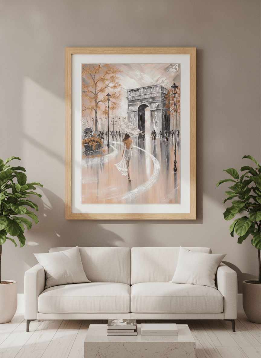 Modern wall art styled above a sofa in a neutral living room