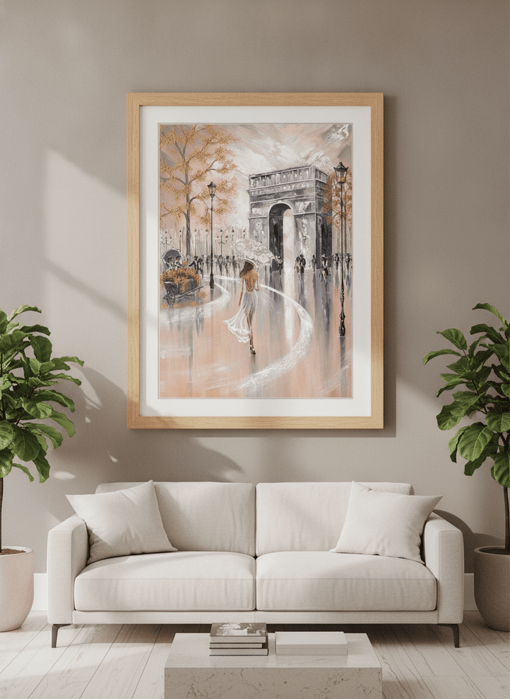 Modern wall art styled above a sofa in a neutral living room