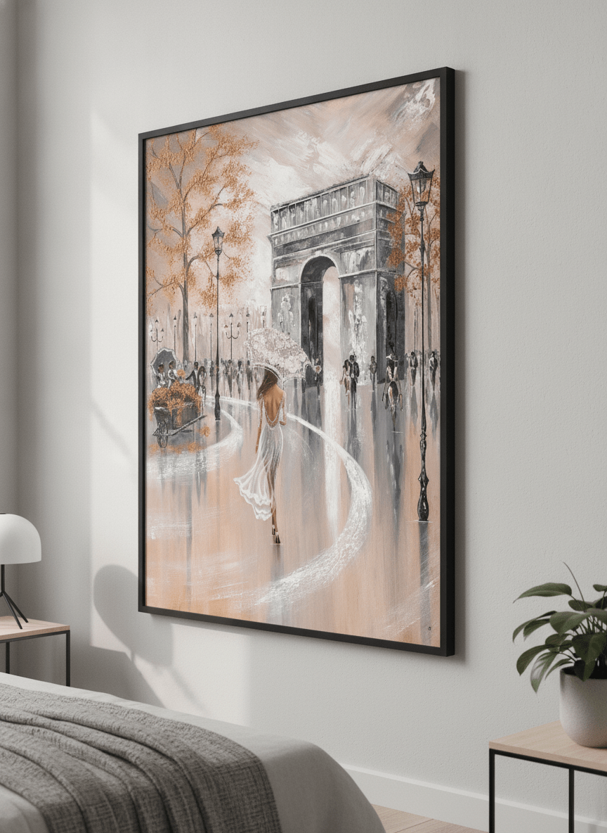 Minimalist artwork displayed in a calm, light-filled bedroom interior