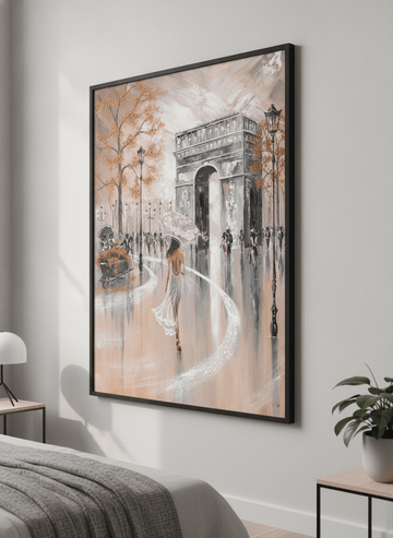 Minimalist artwork displayed in a calm, light-filled bedroom interior