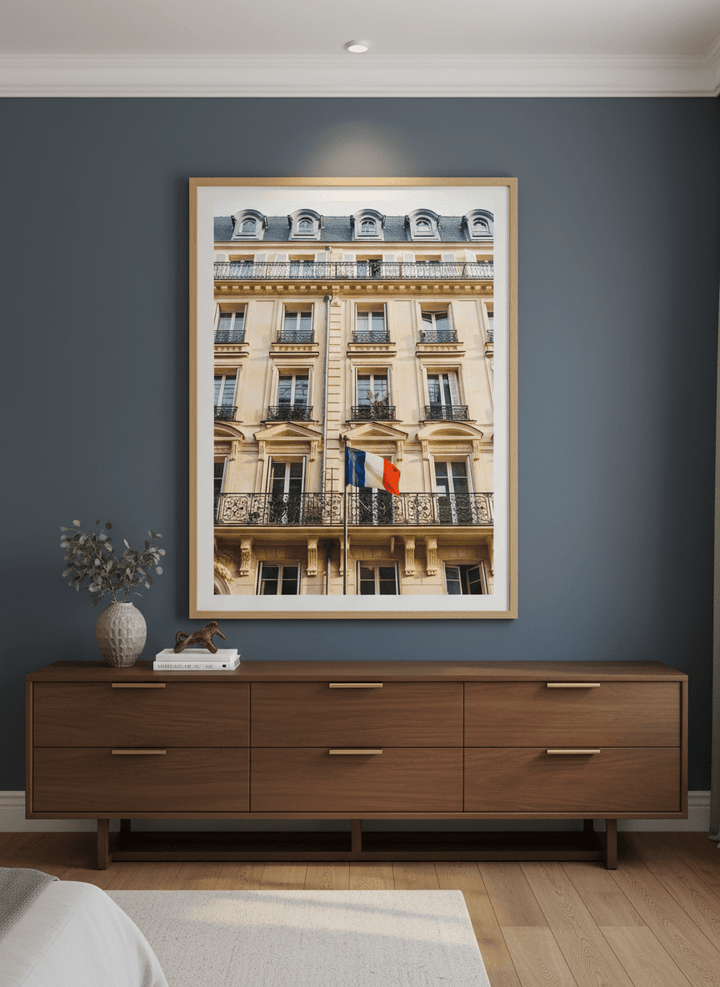 Monumental artwork centred on a feature wall in a luxe interior