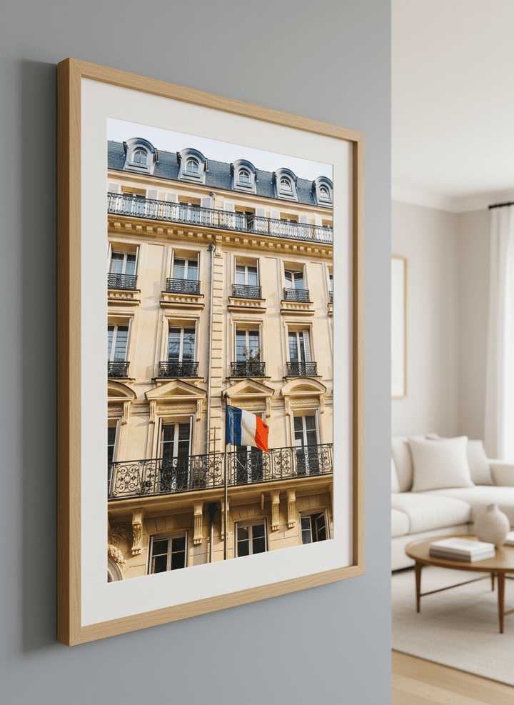 Modern wall art styled above a sofa in a neutral living room