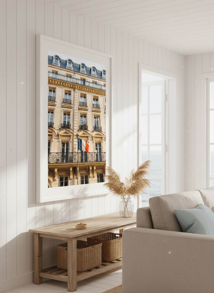Neutral wall art displayed in a sunny coastal beach house