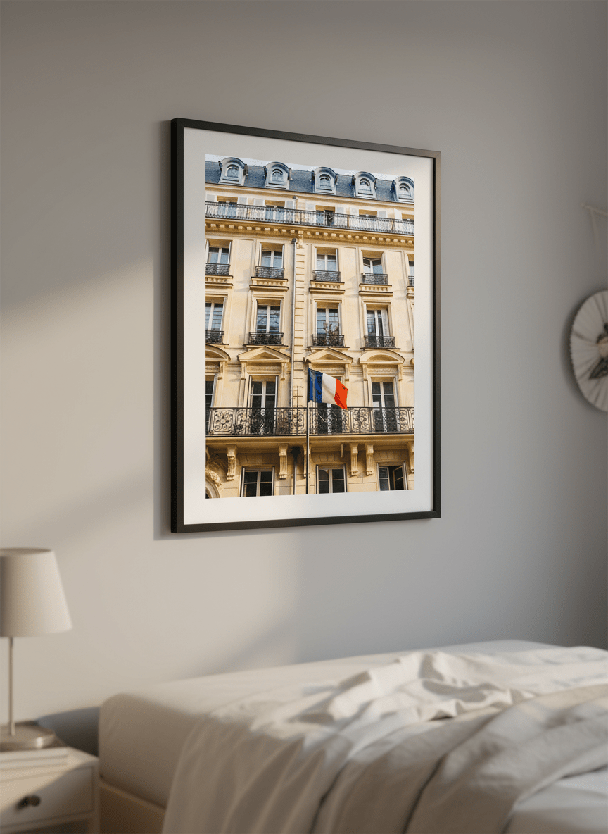 Minimalist artwork displayed in a calm, light-filled bedroom interior