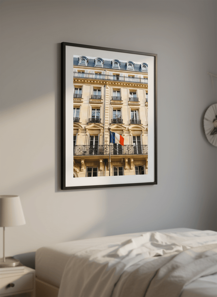 Minimalist artwork displayed in a calm, light-filled bedroom interior
