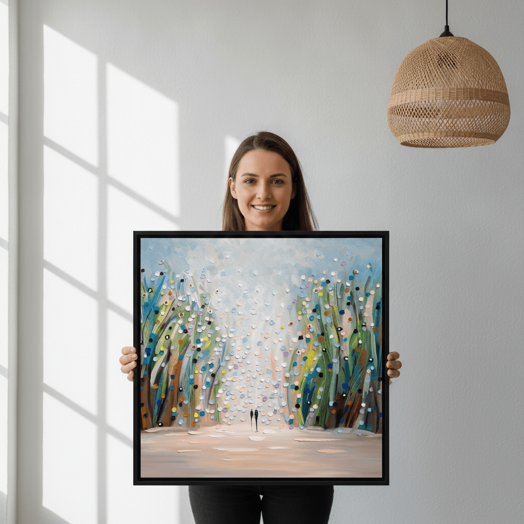 Person holding canvas wall art with a black surround in a bright Scandinavian living room