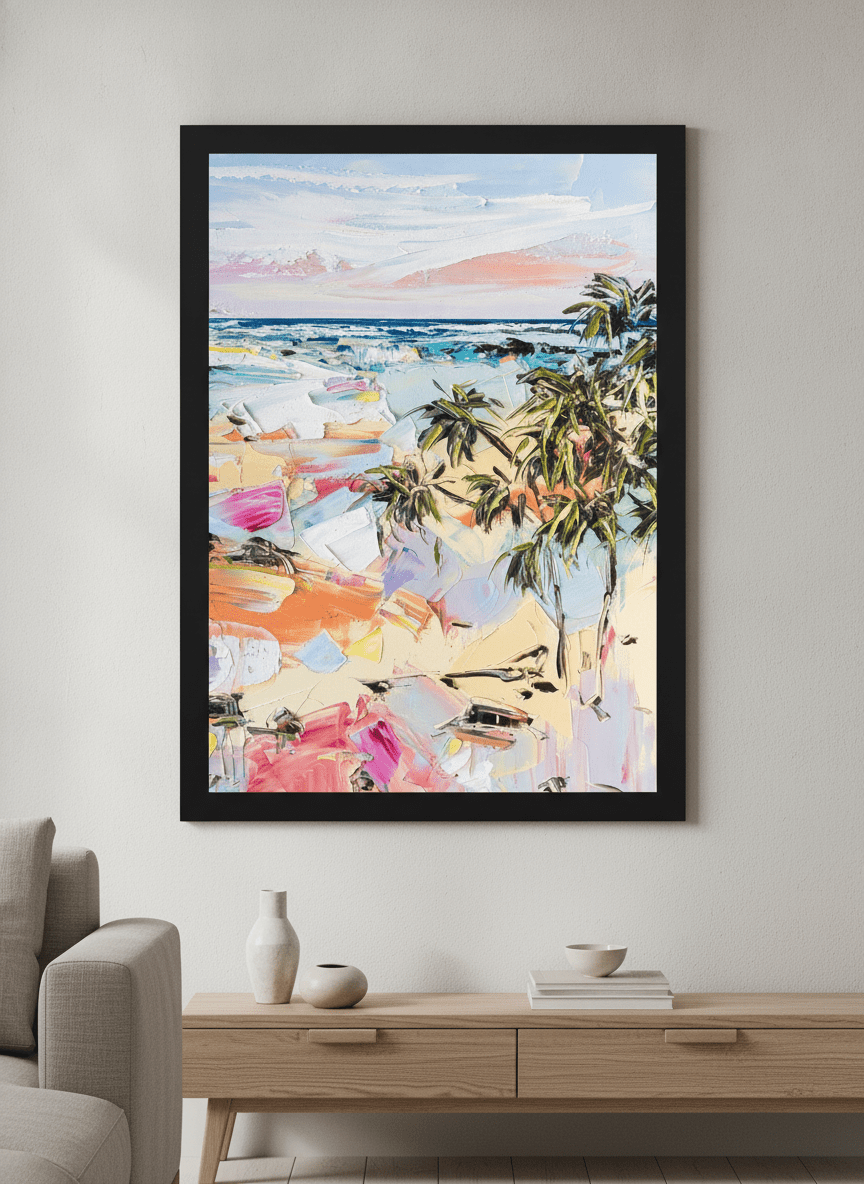 Modern wall art styled above a sofa in a neutral living room