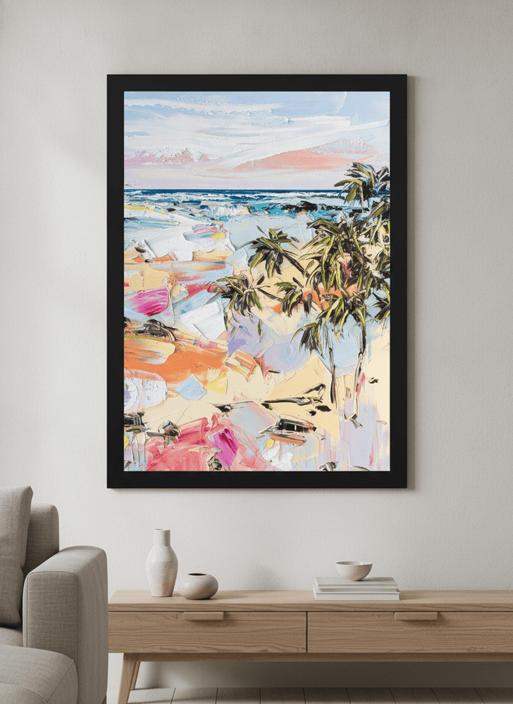 Modern wall art styled above a sofa in a neutral living room