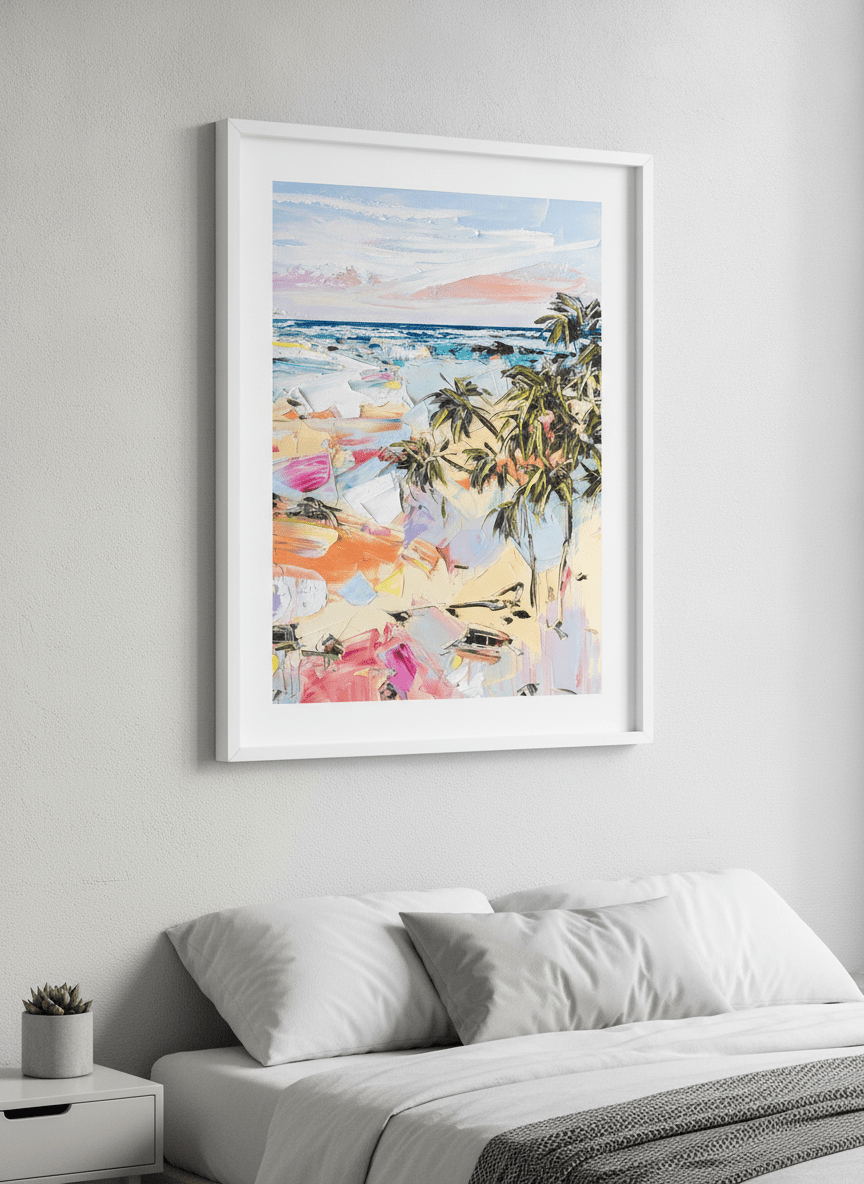 Minimalist artwork displayed in a calm, light-filled bedroom interior