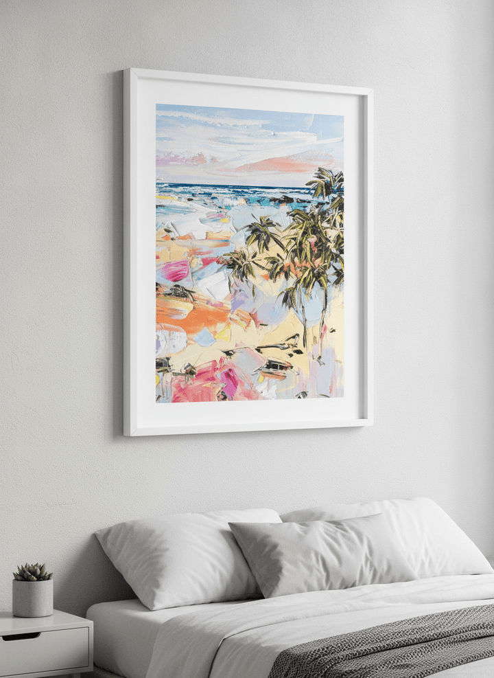 Minimalist artwork displayed in a calm, light-filled bedroom interior